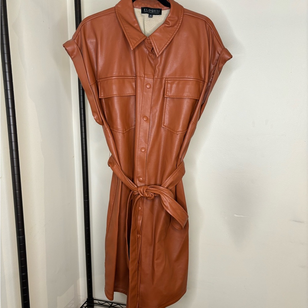 Eloquii brown faux leather belted shirt dress